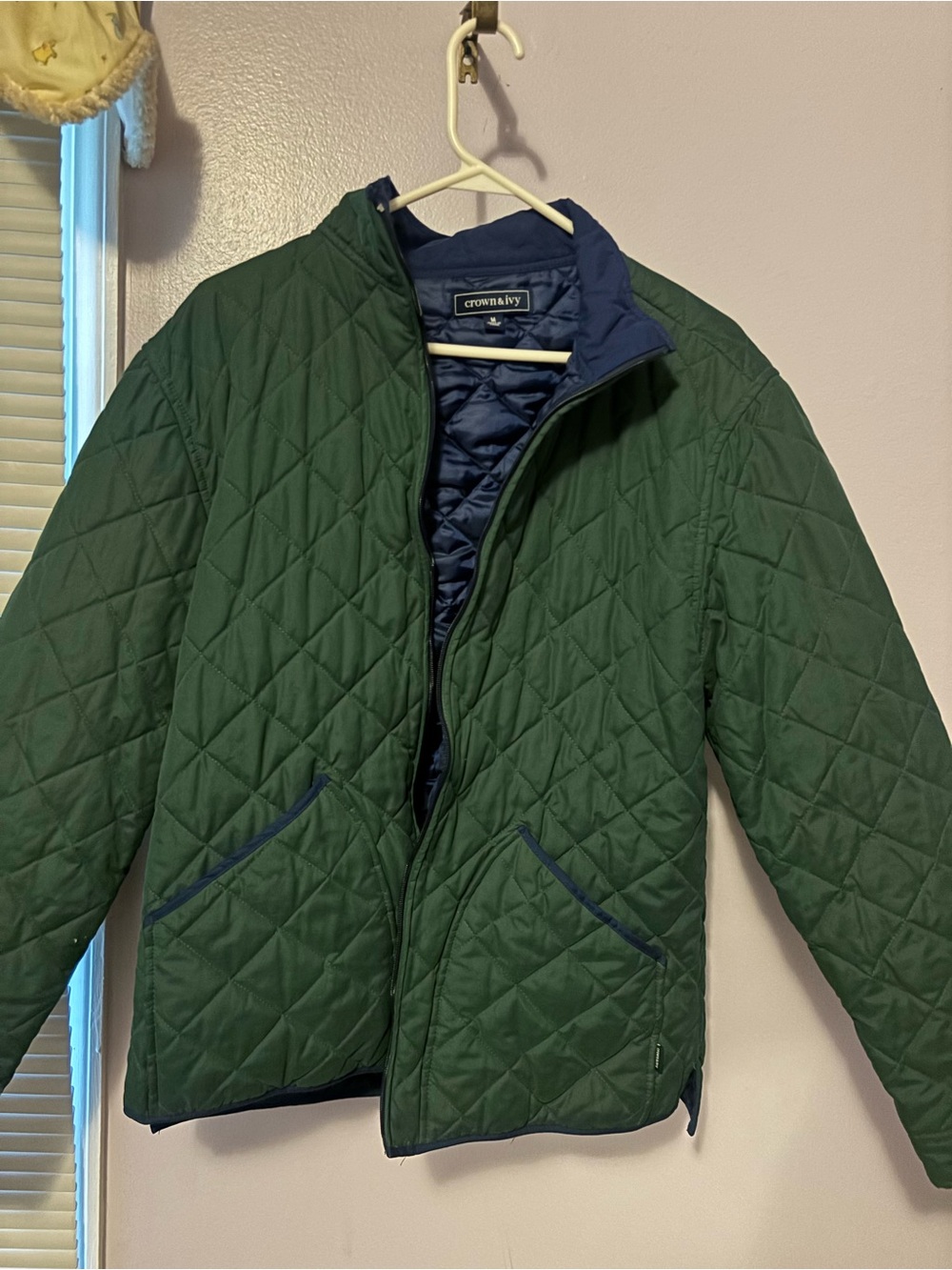 crown & ivy Men's Quilted Green Jacket with Navy Trim